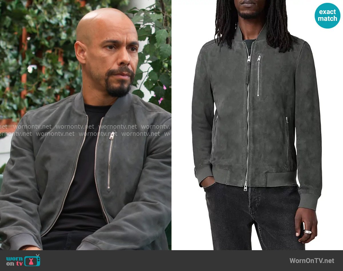 All Saints Kemble Suede Bomber Jacket in Slatestone worn by Devon Hamilton (Bryton James) on The Young and the Restless