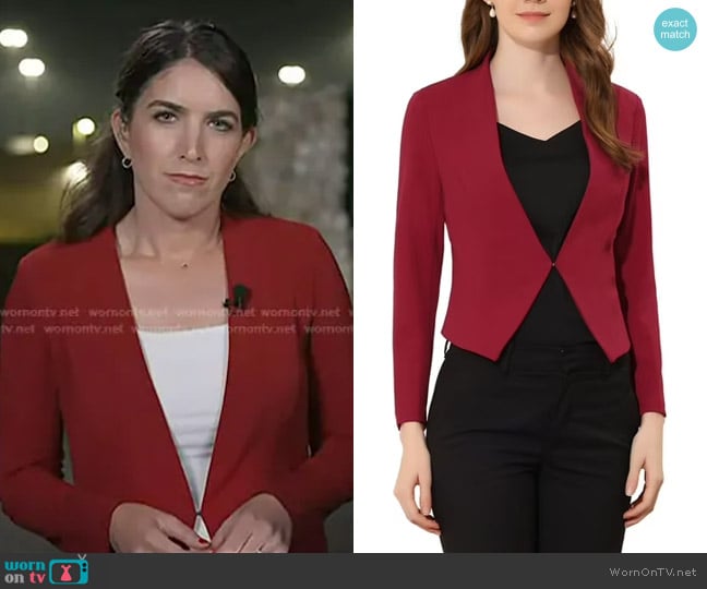 Allegra K Solid Color Collarless Cropped Office Blazer Jacket in Deep Red worn by Liz Kreutz on Today