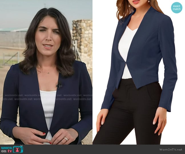 Allegra K Solid Color Collarless Cropped Office Blazer Jacket in Navy worn by Liz Kreutz on Today