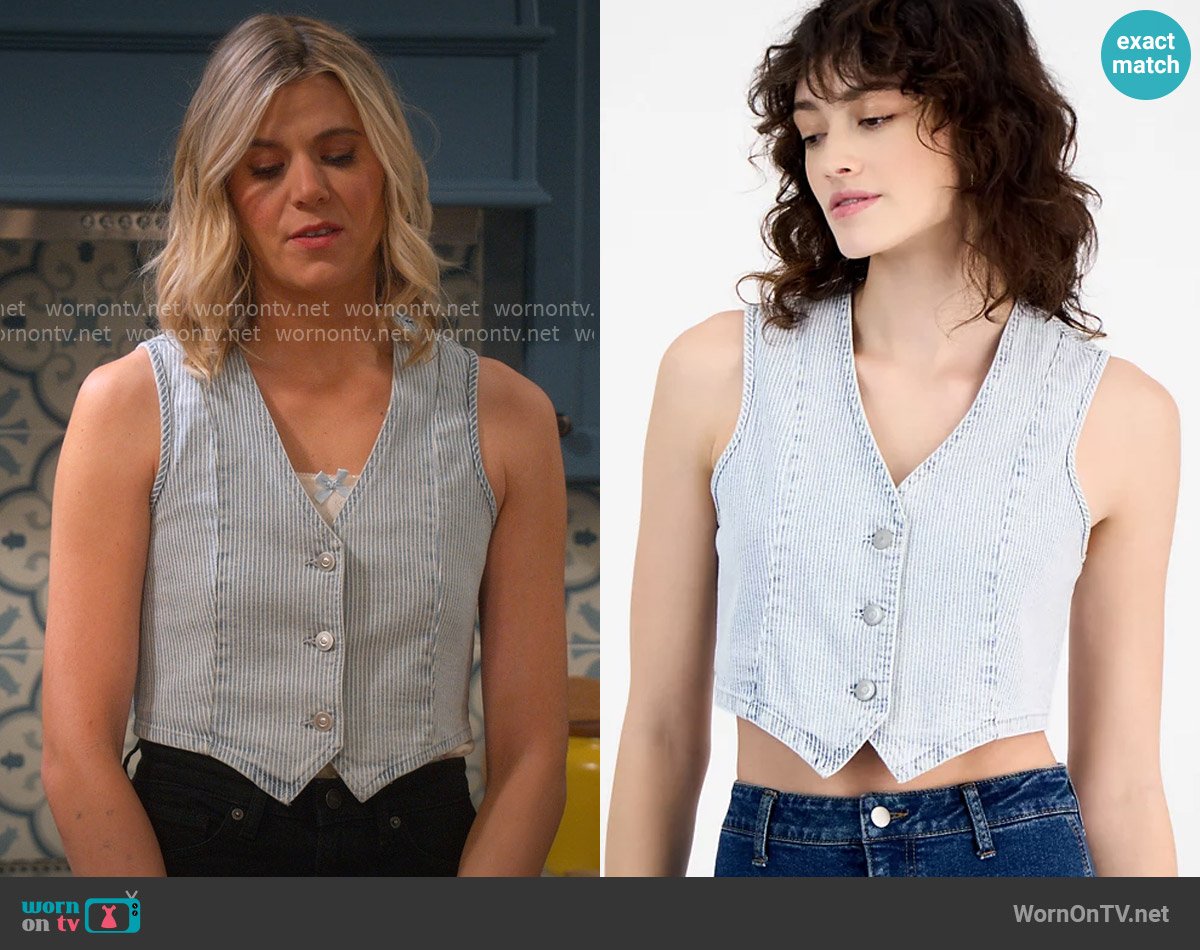 And Now This Striped Button-Front Denim Vest worn by Josie Murphy (Hannah Pilkes) on Leanne