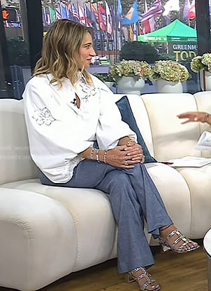 Andrea Lavinthal's white embellished blouse and blue pants on Today