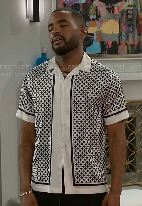 Andre's black and white geometric print shirt on Beyond the Gates