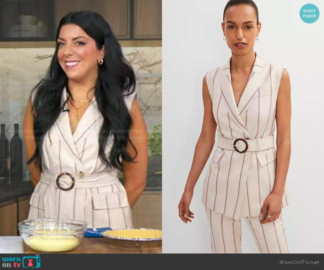 Danielle Sepsy’s beige stripe belted vest on GMA