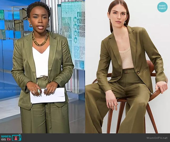 Ann Taylor The Hutton Blazer in Moss Green worn by Zinhle Essamuah on NBC News Daily