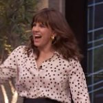 Anna Chlumsky’s white polka dot print blouse on Live with Kelly and Mark