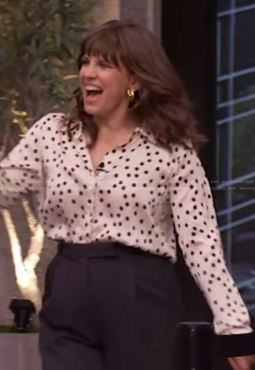 Anna Chlumsky’s white polka dot print blouse on Live with Kelly and Mark