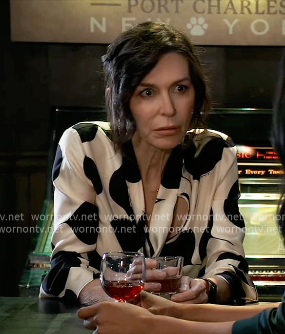 Anna's black and white printed tie-neck blouse on General Hospital