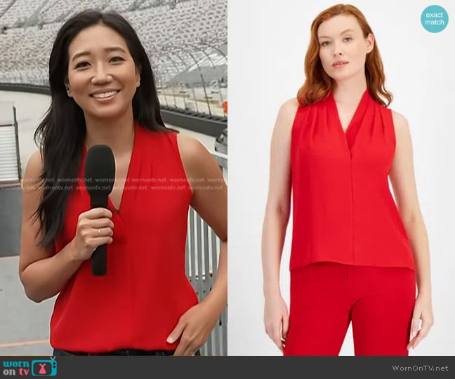 Anne Klein Pleated-Shoulder Sleeveless Blouse in Bright Crimson worn by Kathy Park on Today