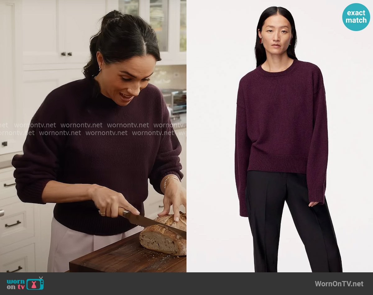 Another Tomorrow Cashmere Knit Sweatshirt in Maroon worn by Meghan Markle on With Love Meghan