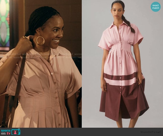 Anthropologie Exquise Tobie Button-Front Pleated Midi Shirt Dress worn by Carolyn (Courtney Sauls) on The Chi