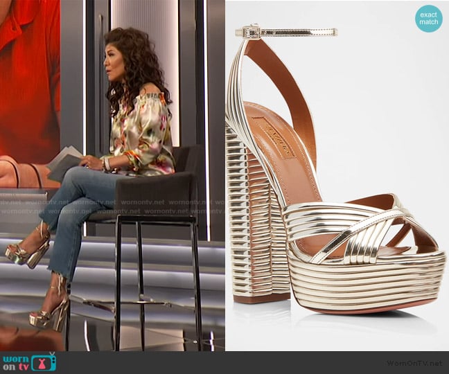 Aquazzura Sundance 140mm Metallic Platform Sandals worn by Julie Chen on Big Brother