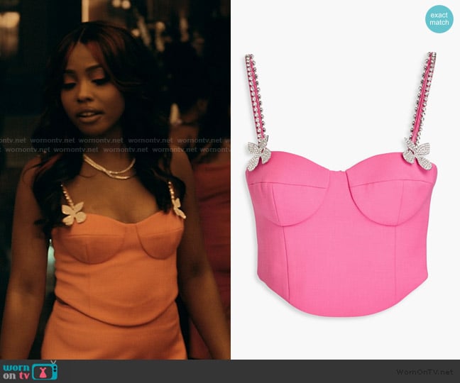 Area Cropped crystal-embellished wool-blend crepe bustier top worn by Jemma St. John (Judae'a) on The Chi