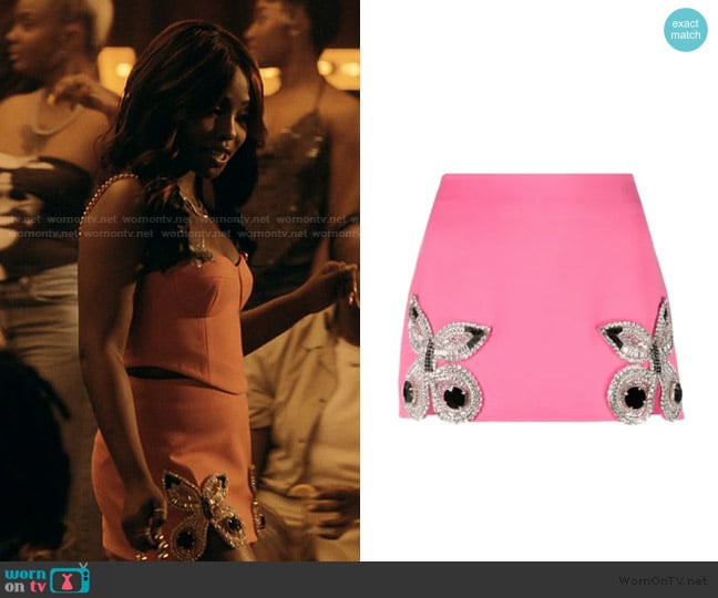 Area crystal-embellished butterfly mini skirt worn by Jemma St. John (Judae'a) on The Chi