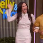 Jackie Tohn’s mint sheer blouse and skirt on Live with Kelly and Mark