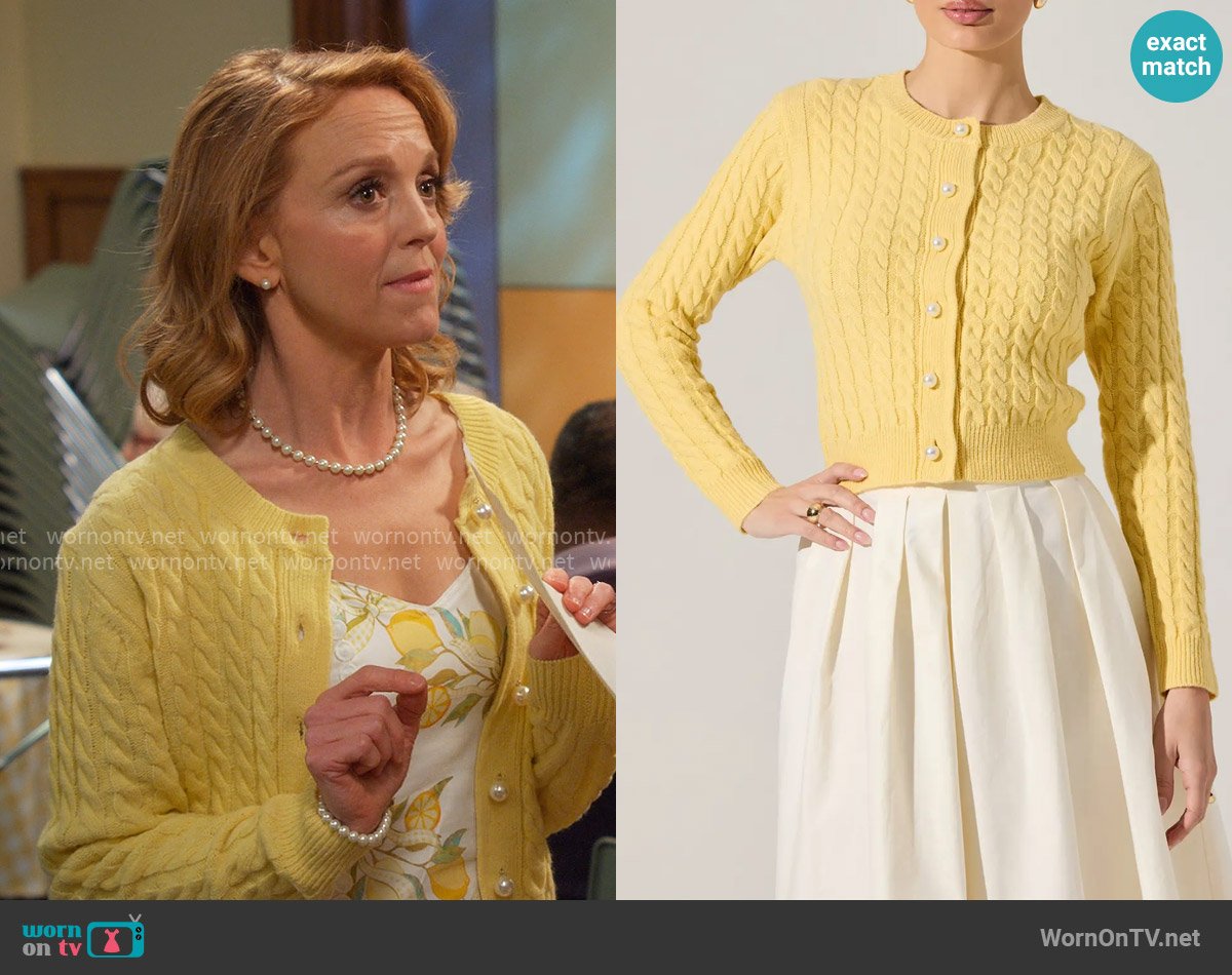 ASTR The Label Cable Stitch Cardigan in Yellow worn by Mary (Jayma Mays) on Leanne