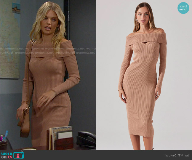 ASTR the Label Cutout Off the Shoulder Long Sleeve Midi Sweater Dress worn by Catherina Greene (AnnaLynne McCord) on Days of our Lives