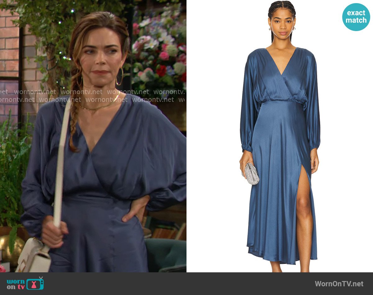 ASTR The Label Kimiko Long Sleeve Faux Wrap Dress in Slate Blue worn by Victoria Newman (Amelia Heinle) on The Young and the Restless