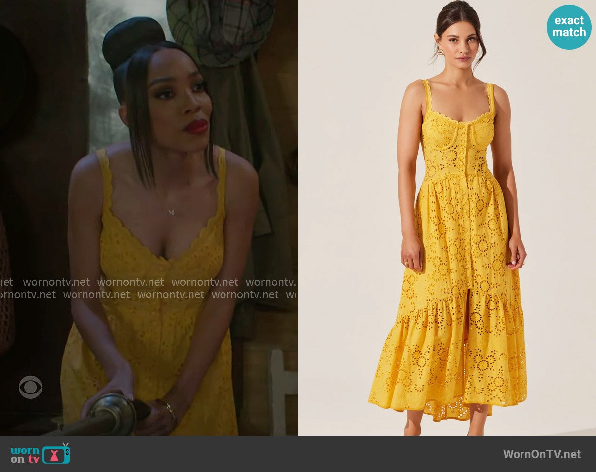 ASTR The Label Yamila Eyelet Corset Midi Dress in Mustard worn by Allison Bailey (Brianna Roberts) on Beyond the Gates
