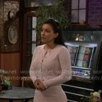 Audra’s pink textured knit cardigan and skirt set on The Young and the Restless