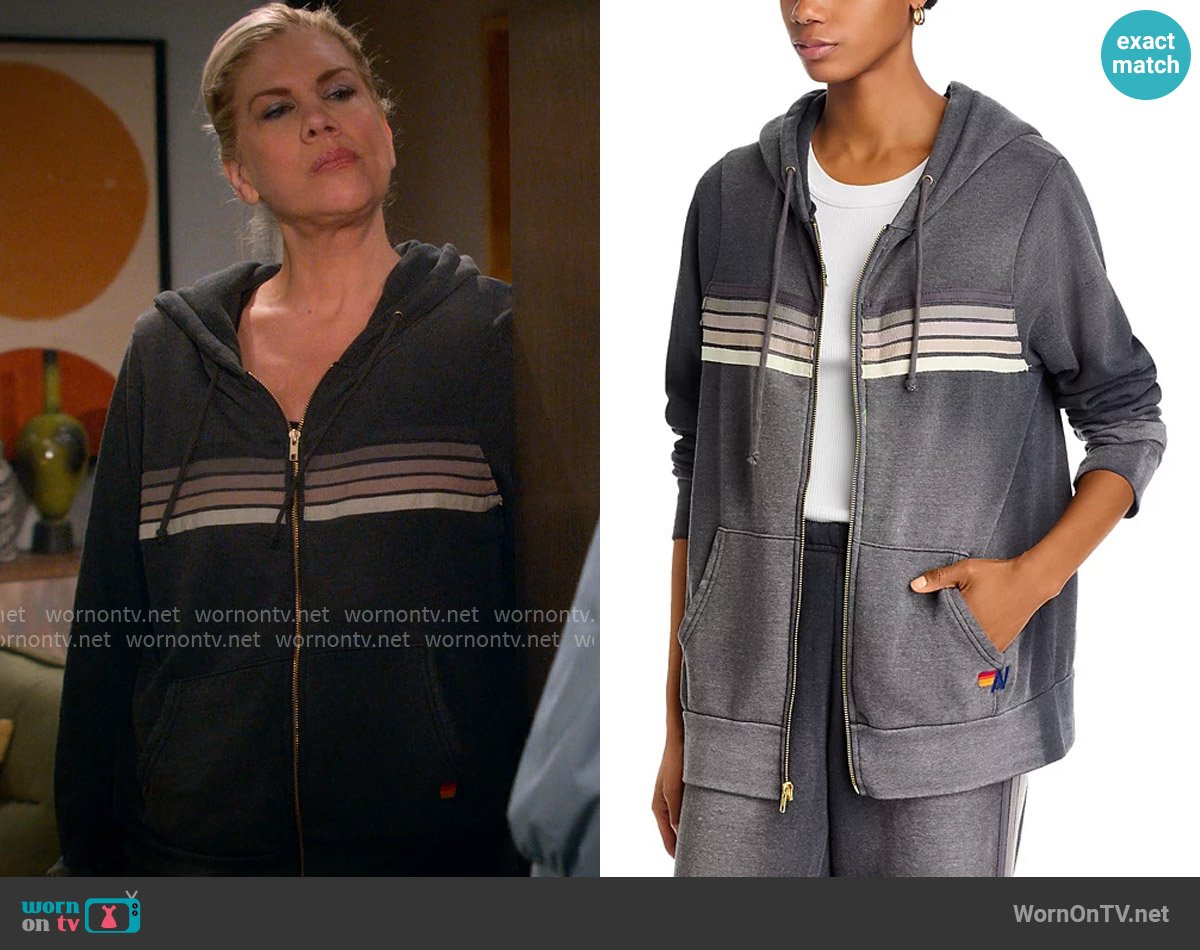 Aviator Nation Rainbow-Stripe Hoodie in Faded Smoke worn by Carol (Kristen Johnston) on Leanne