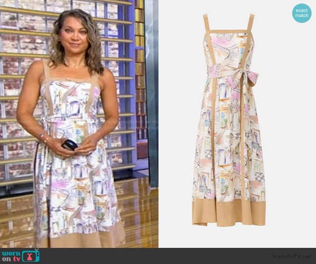 Badgley Mischka Watercolor Cityscape Midi Day Dress worn by Ginger Zee on Good Morning America