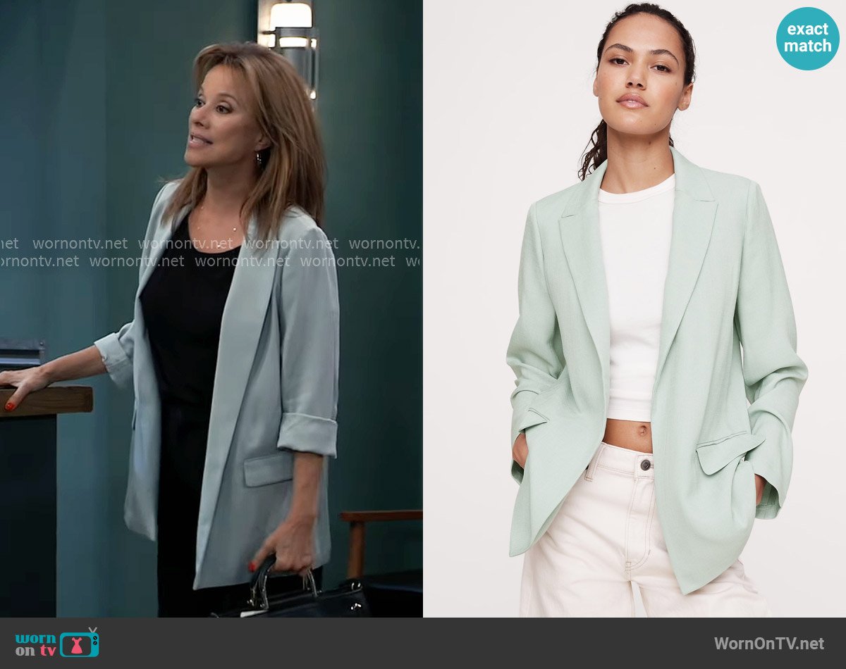 Banana Republic Drapey-Twill Blazer in Blue Eucalyptus worn by Alexis Davis (Nancy Lee Grahn) on General Hospital