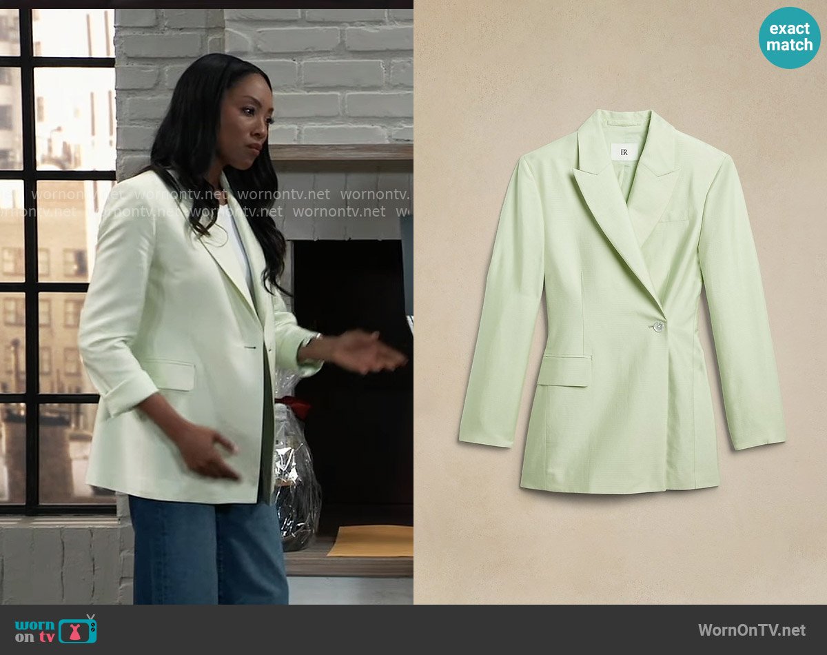 Banana Republic Hourglass Italian Viscose-Linen Blazer in Frosted Celery Green worn by Jordan Ashford (Tanisha Mariko Harper) on General Hospital