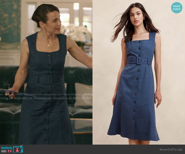 Banana Republic Linen-Blend Button Midi Dress in cross blue herringbone