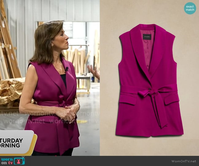Banana Republic Silky Tie-Waist Vest in Tropical Berry worn by Janet Shamlian on CBS Mornings