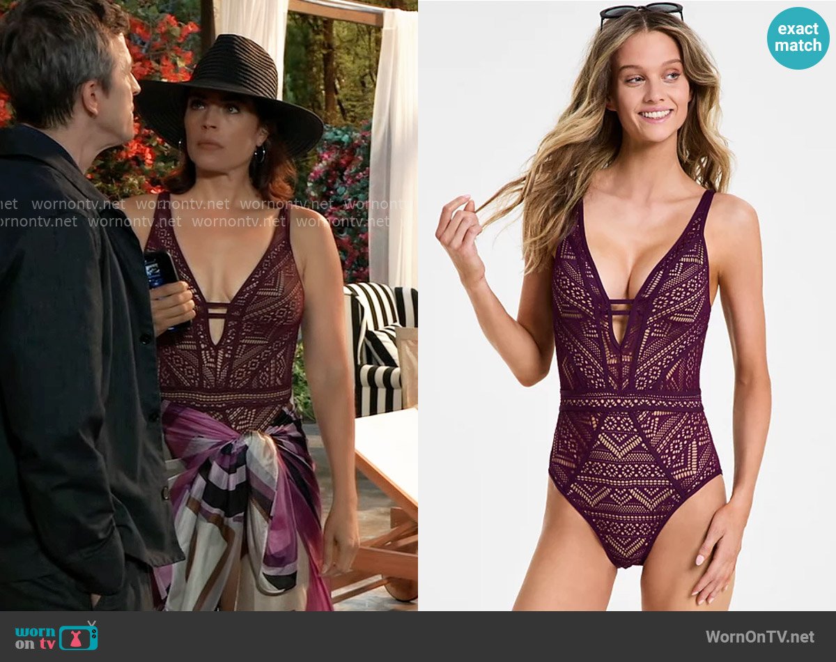 Becca Color Play Crochet Plunge-Neck One-Piece Swimsuit in Aubergine worn by Britt Westbourne (Kelly Thiebaud) on General Hospital