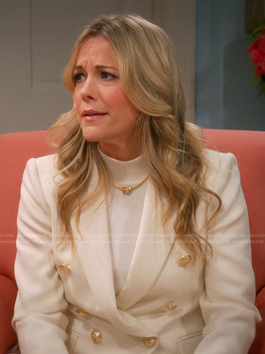 Becca's white textured blazer on Leanne