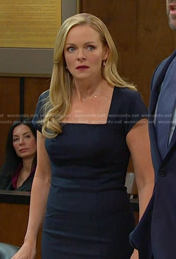 Belle's navy square neck dress on Days of our Lives