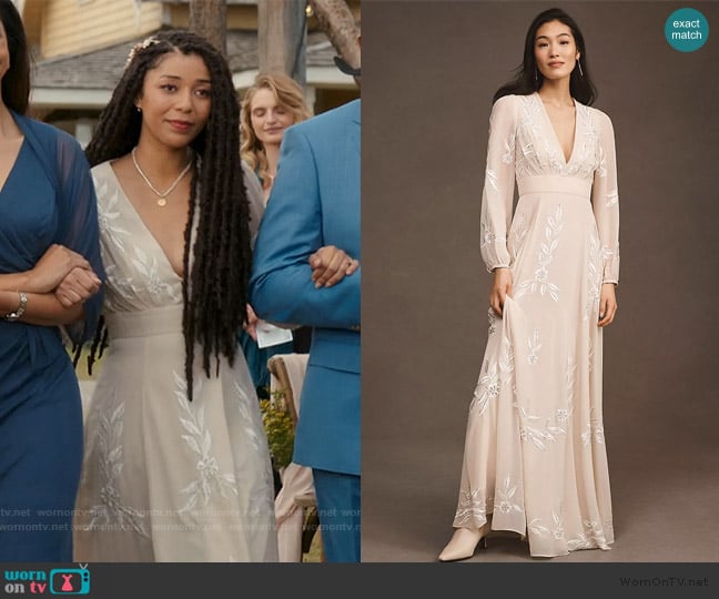 BHLDN Belize Embroidered A-Line Long-Sleeve V-Neck Gown worn by Haley Young (Zoë Soul) on My Life with the Walter Boys