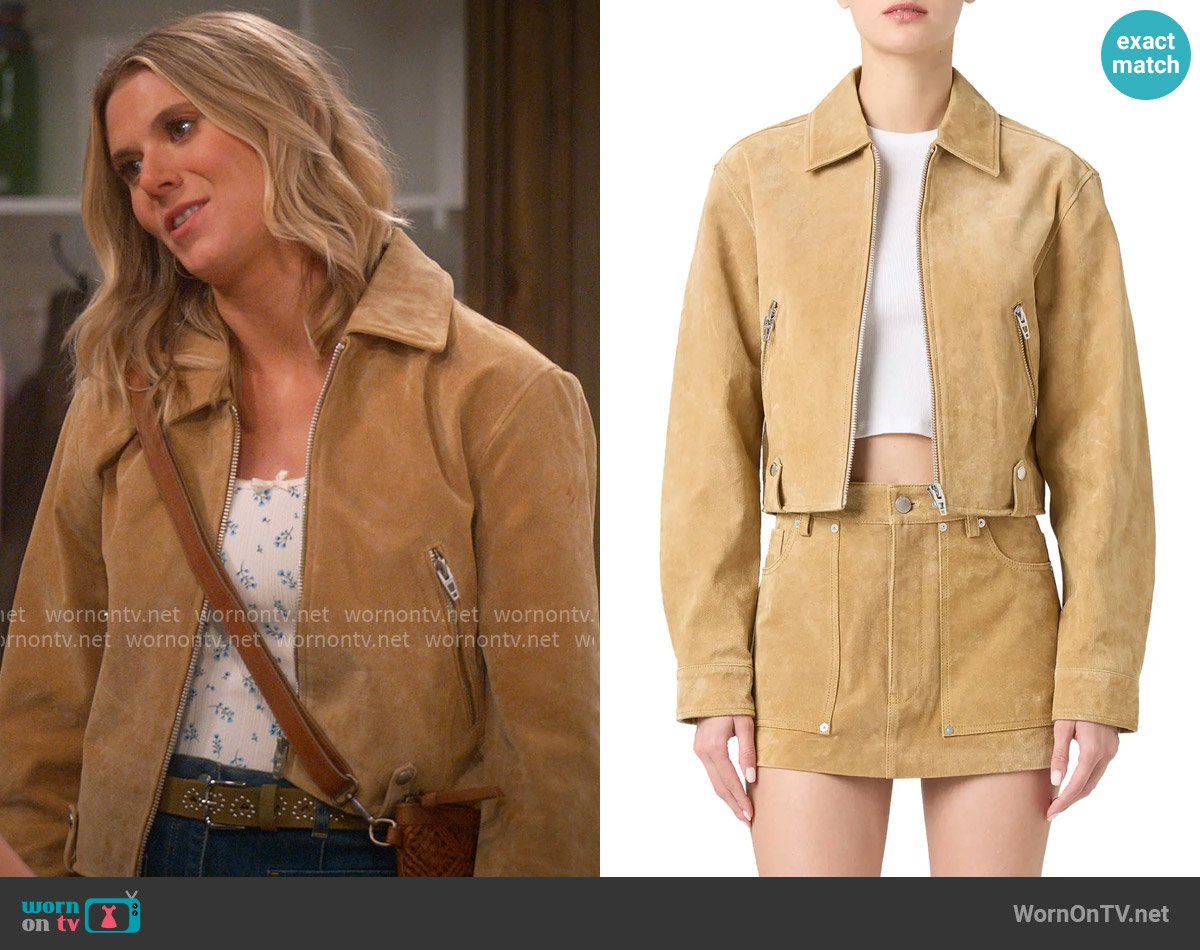 Blank NYC Crop Suede Jacket in Cinnamon Crunch worn by Josie Murphy (Hannah Pilkes) on Leanne