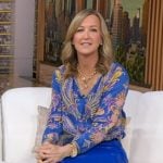 Lara’s blue feather print blouse and leather pants on Good Morning America