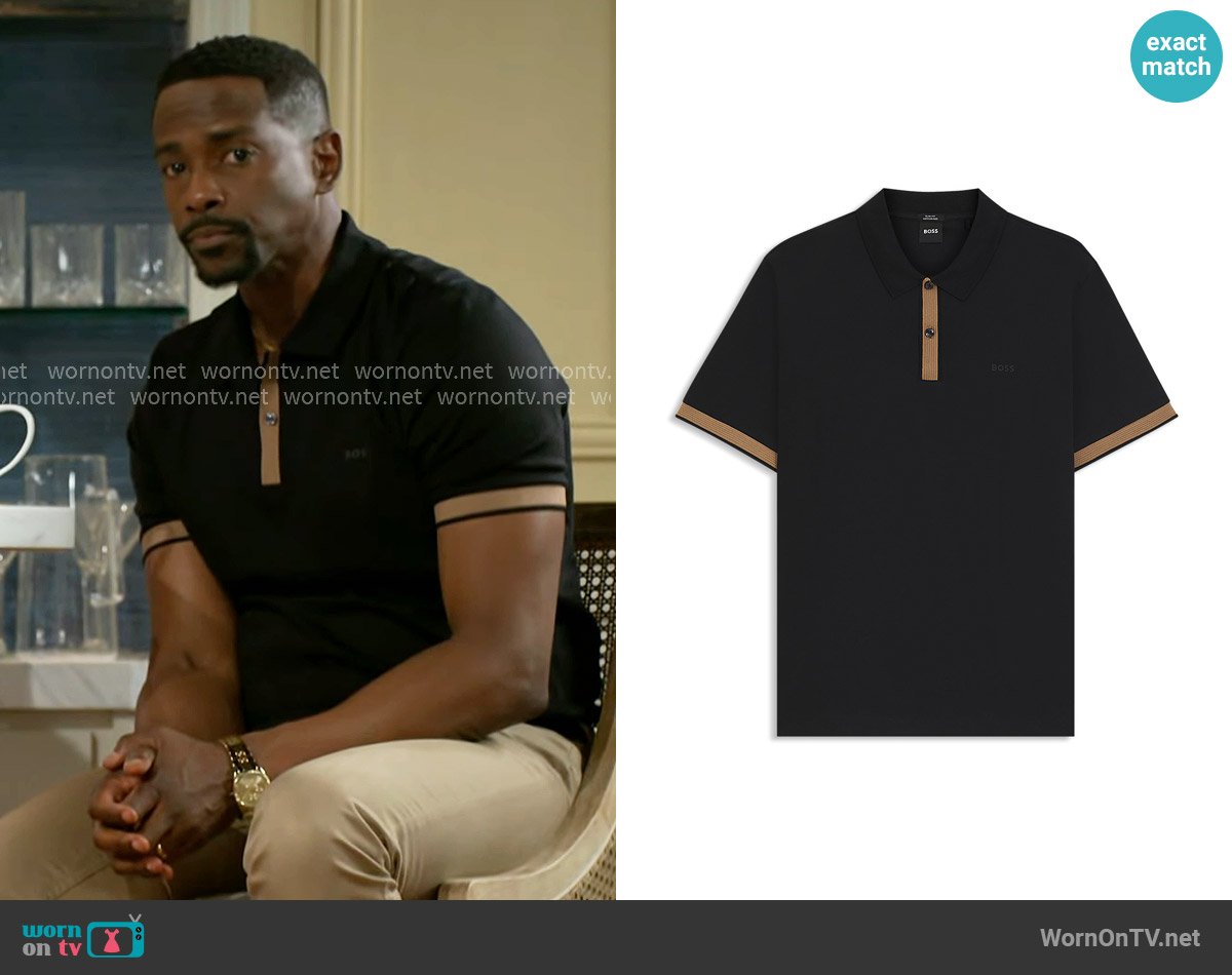BOSS Slim-fit polo shirt in mercerized stretch-cotton piqué worn by Ted Richardson (Keith D. Robinson) on Beyond the Gates