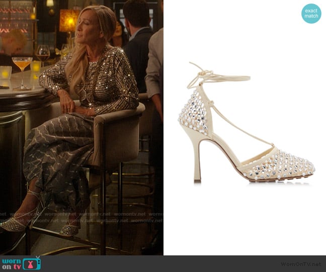 Bottega Veneta Sparkle Stretch Lace-Up Sandal worn by Carrie Bradshaw (Sarah Jessica Parker) on And Just Like That