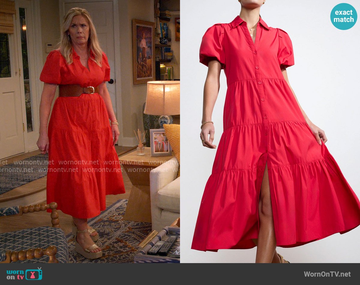 Brochu Walker Havana Dress in Carmine Red worn by Leanne Murphy (Leanne Morgan) on Leanne