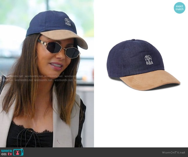 Brunello Cucinelli Logo-Embroidered Linen and Suede Baseball Cap in Blue worn by Adriana de Moura (Adriana de Moura) on The Real Housewives of Miami
