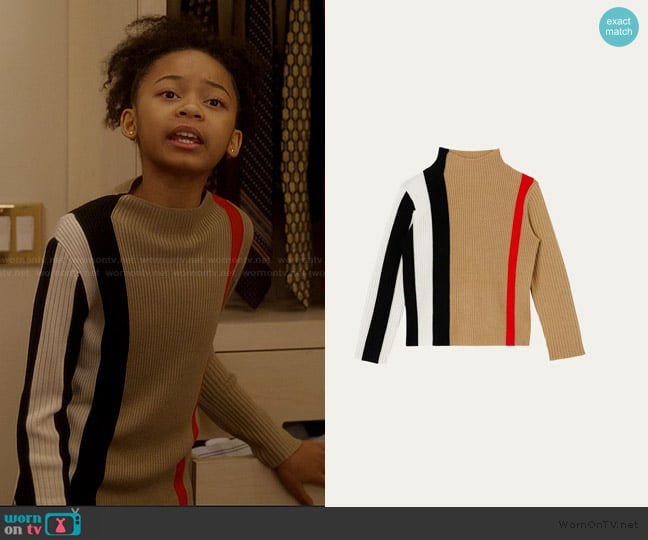 Burberry Daphne Funnel Neck Icon Stripe Ribbed Sweater worn by  Gabrielle (Ellie Reine) on And Just Like That