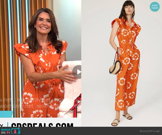Busayo x RTR Orange Ruffle Jumpsuit worn by Adriane Kiss on CBS Mornings