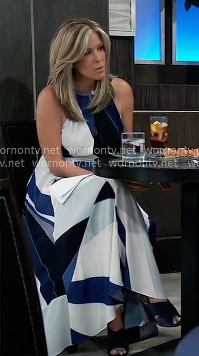 Carly’s blue geometric print maxi dress on General Hospital