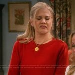 Carol’s red button shoulder sweater on Leanne