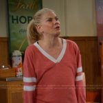 Carol’s pink stripe sleeve top on Leanne