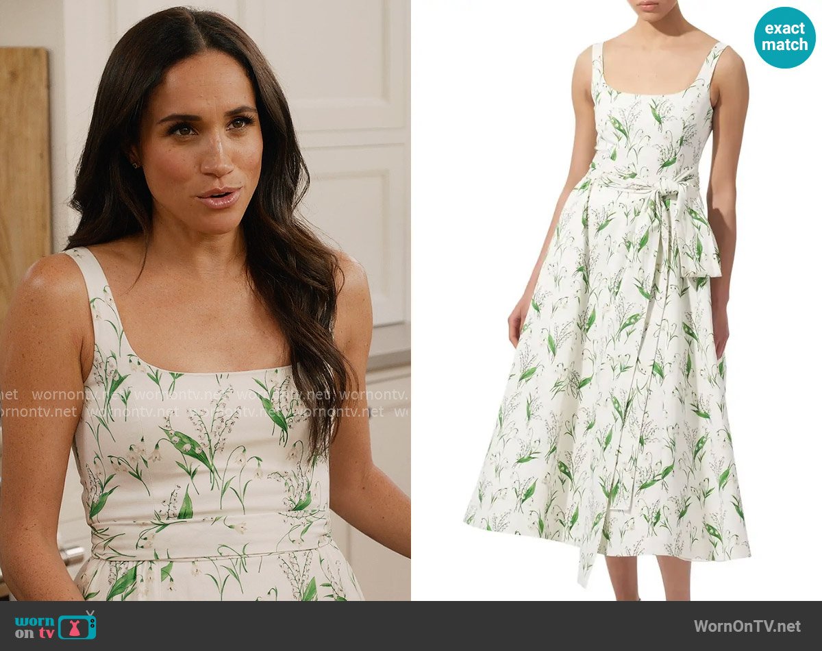 Carolina Herrera Lily of the Valley Print Sundress worn by Meghan Markle on With Love Meghan