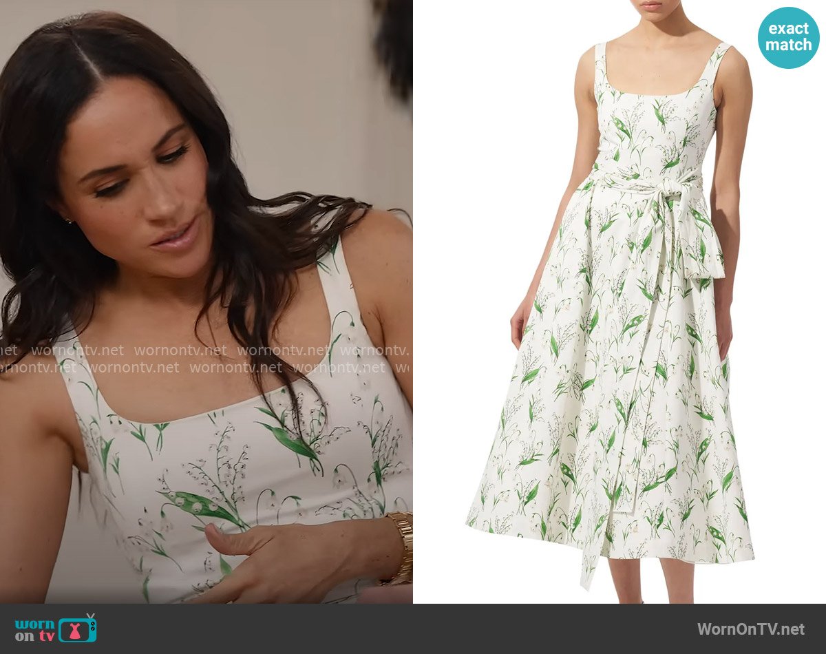 Carolina Herrera Lily of the Valley Print Sundress worn by Meghan Markle on With Love Meghan