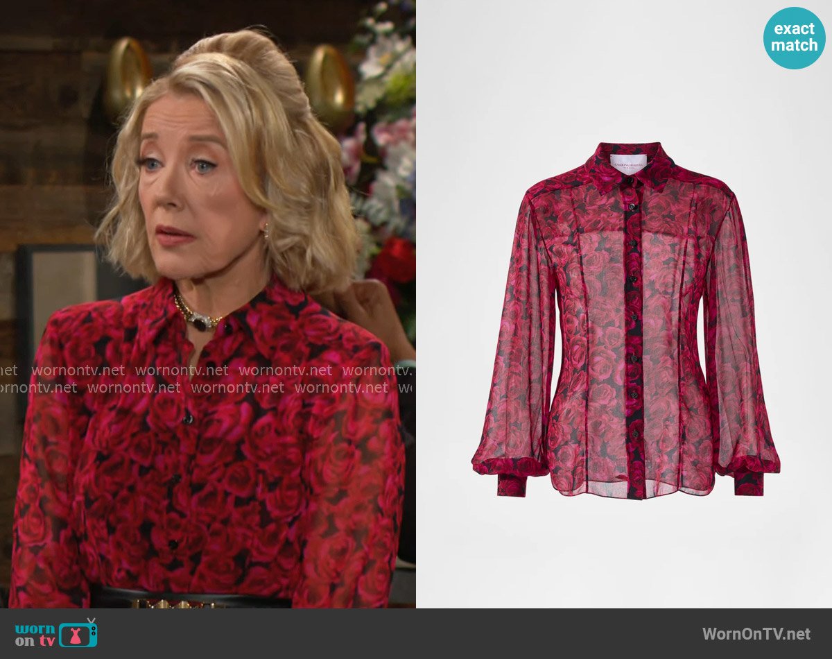 Carolina Herrera Rose-Print Classic Button-Down Blouse worn by Nikki Reed Newman (Melody Thomas-Scott) on The Young and the Restless