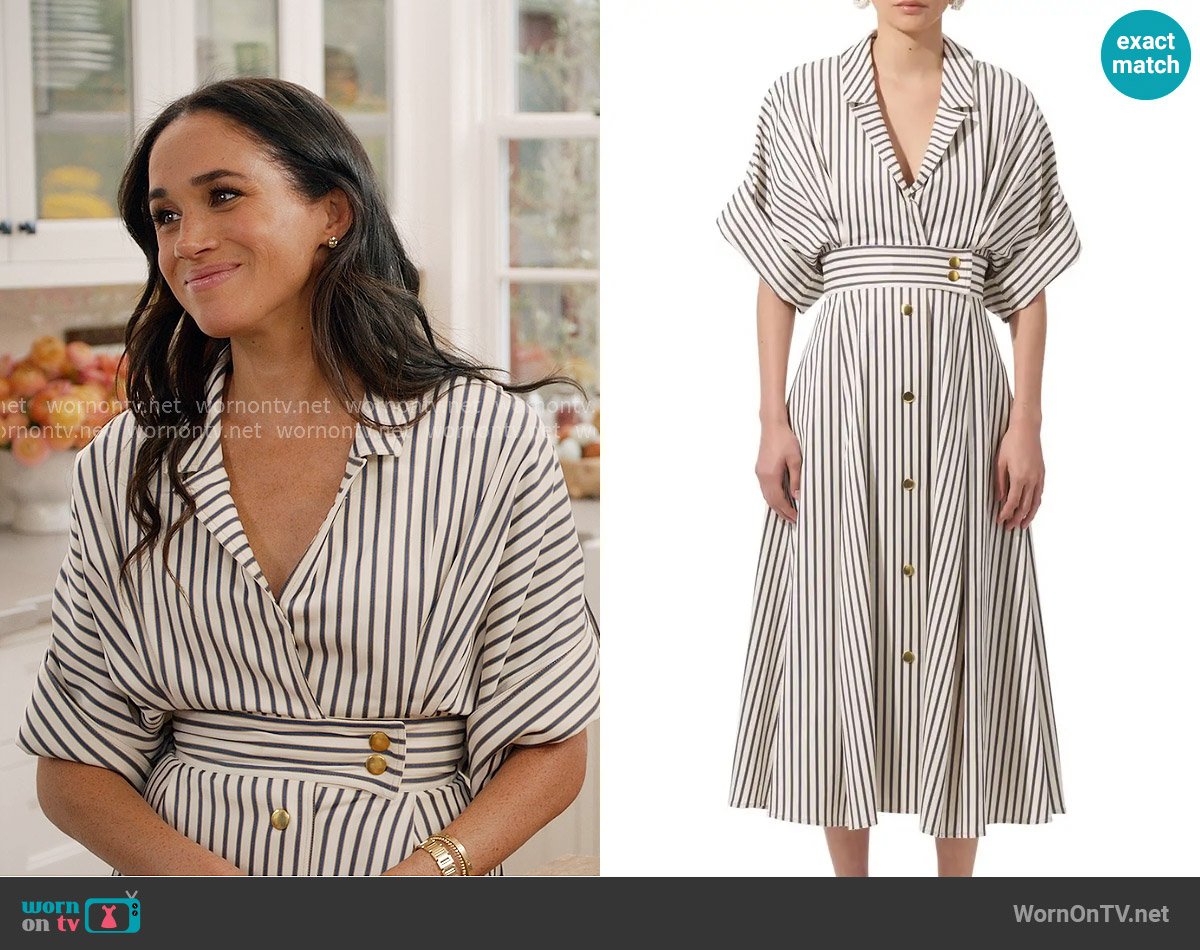 Carolina Herrera Stripe Dropped Shoulder Shirtdress worn by Meghan Markle on With Love Meghan