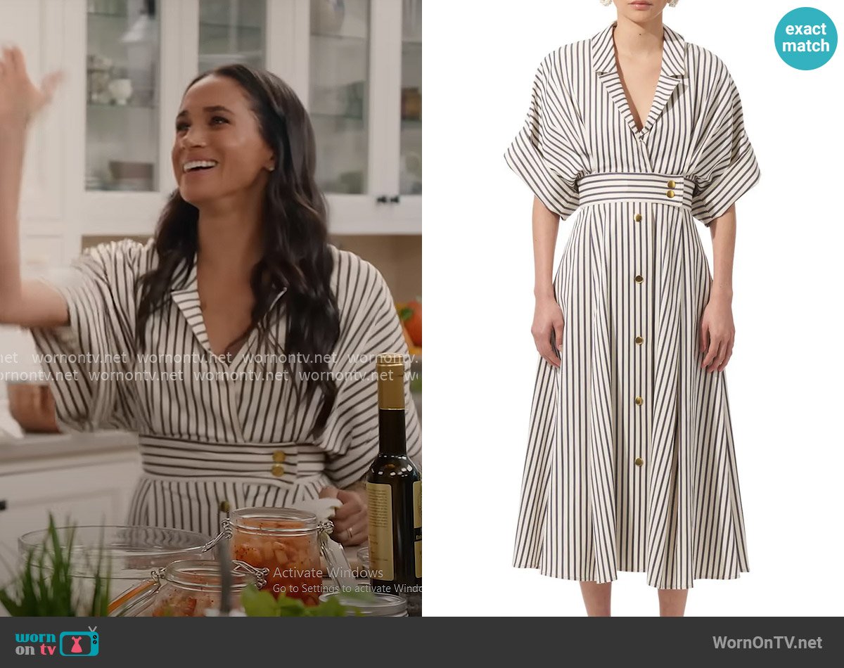 Carolina Herrera Stripe Dropped Shoulder Shirtdress worn by Meghan Markle on With Love Meghan