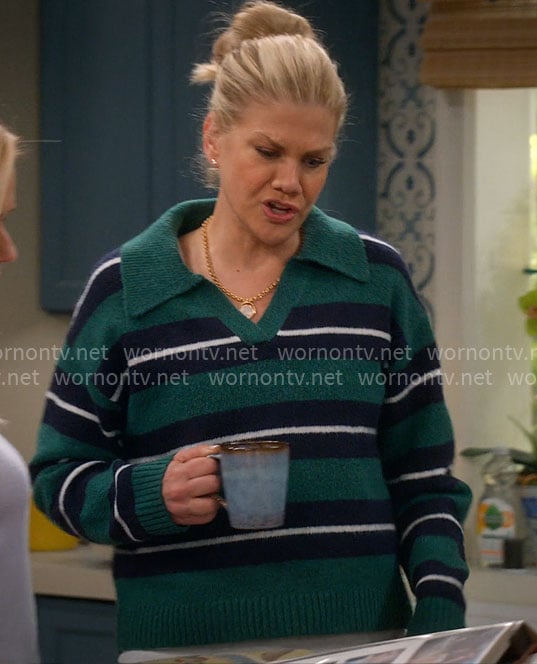 Carol's green striped polo sweater on Leanne